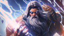 Zeus, one of the Smite 2 Gods, stars at the screen with glowing eyes.