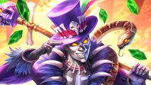 Baron Samedi surounded by glittering green Smite 2 Legacy Gems.