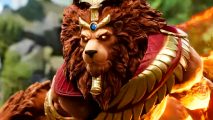Smite 2 skins won't carry over from the first - A lion-headed figure in golden armor.