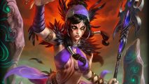 Smite 2 wasn't planned, but one big thing changed everything: A pretty woman with black hair wearing a purple bandanna stands in front of a swirling red sky, tattoos on her body and her arm raised