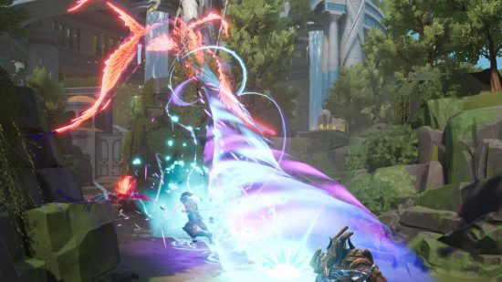 Smite 2 wasn't planned, but one big thing changed everything: A huge dragon breaths energy down onto foes on the ground in a forest area