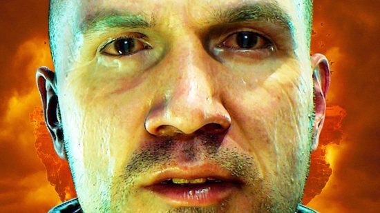 Stalker 2 launch date: A close-up of a man's face shows an uncertain expression, beads of sweat dripping down to his light facial hair as an orange background bursts in color behind him