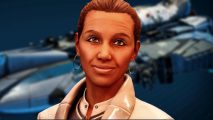 Starfield Class M Ship Builder mod is your one-stop shop for colossal starships - A woman in a white jacket smiles. A giant space ship sits behind her.