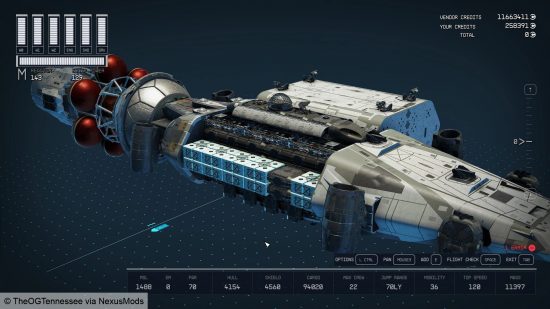 Starfield M Class ship builder mod - Screenshot of the project showing a huge starship in the ship building tool, taken by mod creator 'TheOGTennessee.'