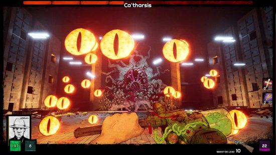 Steam-Boomer-Shooter – Screenshot aus „Forgive Me Father“ des Spielers, der gegen einen riesigen, mit Zähnen gefüllten Horror namens Ca'tharsis kämpft, um den herum viele schwebende Augen schweben.