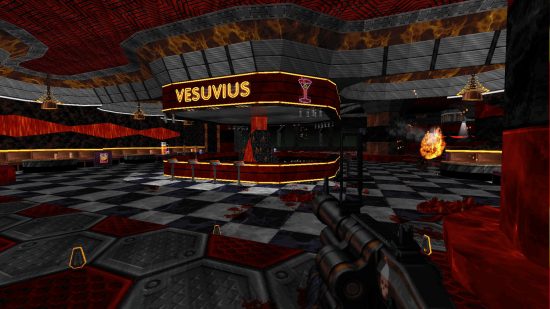 Steam boomer shooters: captura de pantalla de 'Ion Fury' del jugador llegando a un club llamado Vesuvius.