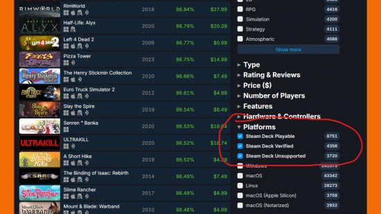 Steam Deck verified and playable game numbers 