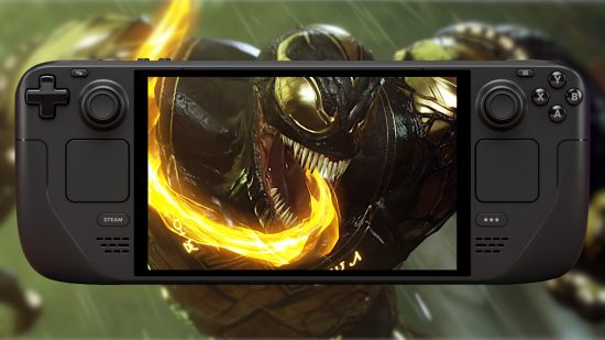 A Steam Deck OLED, displaying a screenshot from Marvel's Midnight Suns, in which playable character Venom can be seen brandishing his golden tongue