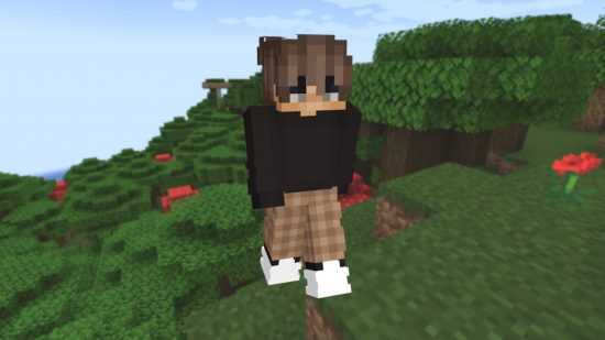 A stylish Minecraft boy skin wears brown plaid pants and a crew neck jumper.