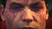 Suicide Squad Kill The Justice League free currency: a close up shot of a mans face, with purple eyes and veins all over his head