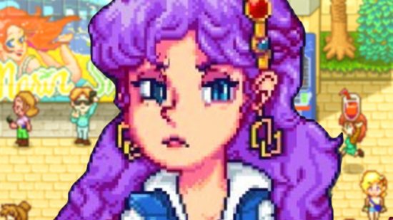 Sunkissed City is a new Steam game from a former Stardew Valley dev set in a bustling metropolis - A purple-haired woman stands before a coastal town as people mill about.