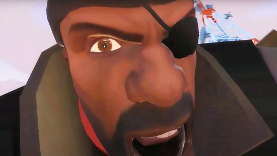 Team Fortress 2 save TF2: A man with brown eyes and dark facial hair yells while facing forward, a black eye patch over his left eye and his mouth wide open