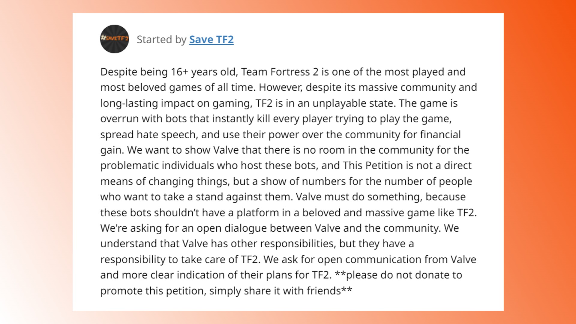 Team Fortress 2 rettet TF2-Petition: Eine Petition an Valve zur Rettung des FPS-Spiels Team Fortress 2