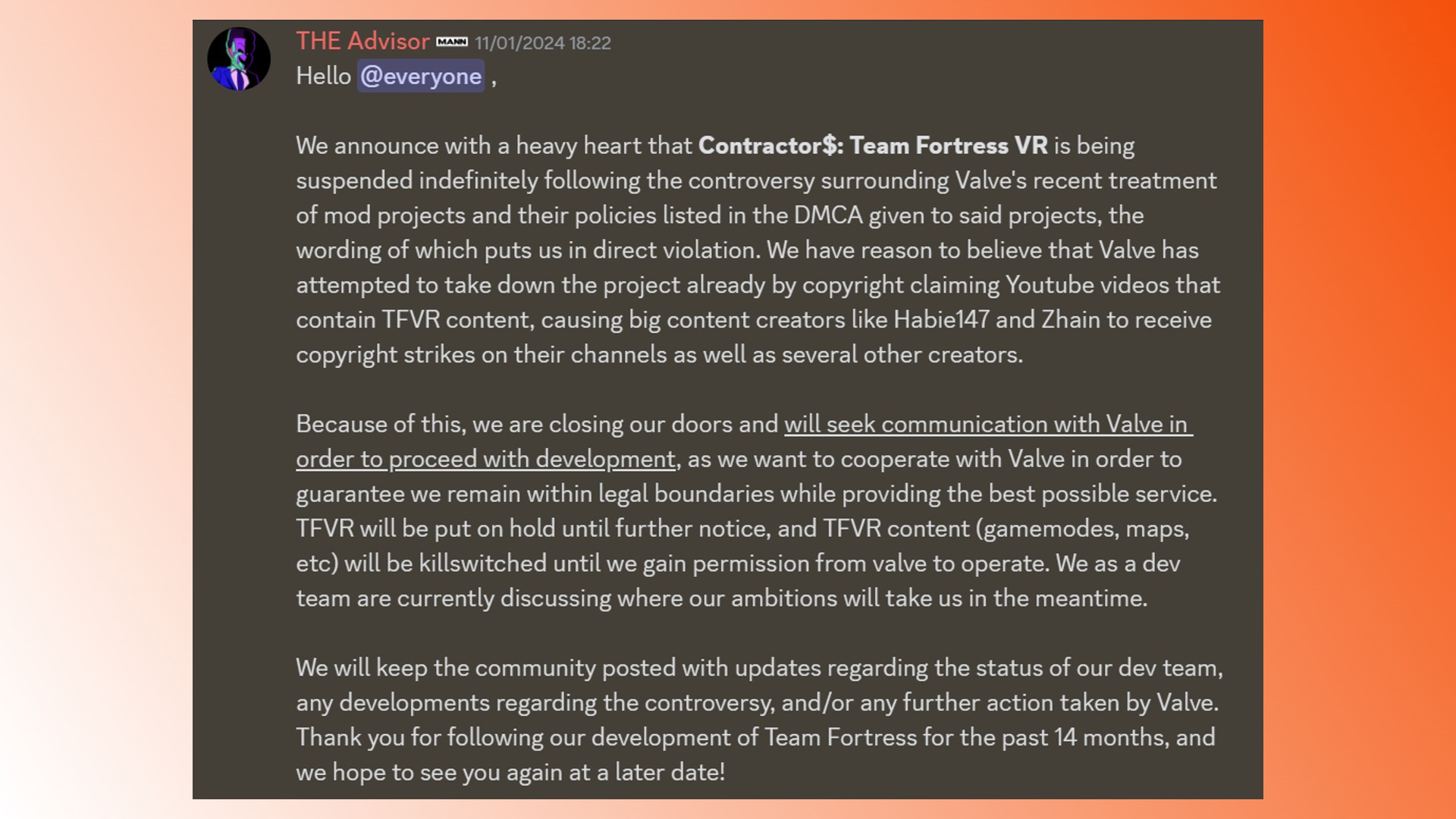 Team Fortress 2 mod pulled offline: A message from the creators of Team Fortress 2 VR regarding Valve