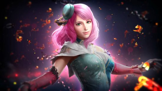 Alisa is one of the Tekken 8 characters, and is wearing a teal dress and a fascinator on her bright pink hair. 