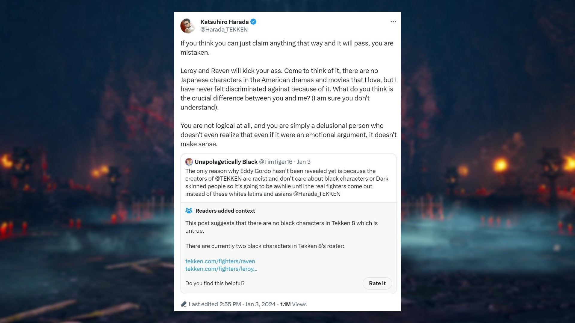 El director de Tekken 8 emite una respuesta mordaz a las acusaciones de racismo: una respuesta del creador de Tekken 8, Katsuhiro Harada, a un tweet que afirma que el equipo está 