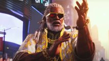 Tekken 8 director issues scathing response to racism allegations: A black man wearing huge glasses with golden chains and a white and gold shirt with white dreadlocks stands ready to fight