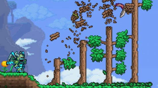Terraria 1.4.5 Axearang – Der Spieler wirft einen scharfen Bumerang, der Bäume fällt, wenn er an ihnen vorbeifliegt.