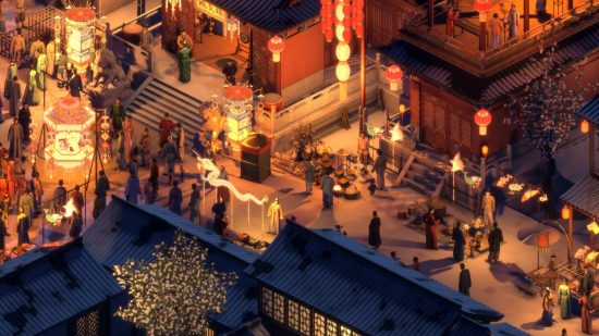 A top down view of a Chinese city at night, lit by lanterns as people wander around