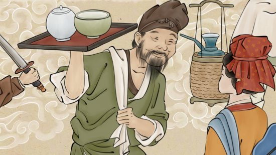 Civilization meets Stardew Valley in new Steam game with a dark twist: A traditional Chinese painting of a man wearing a green kimono and traditional hat holding a tray with soup and rice on it