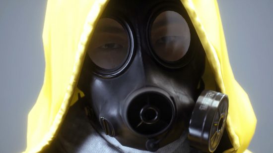 A person in a gas mask and yellow biohazard suit, just their eyes visible.