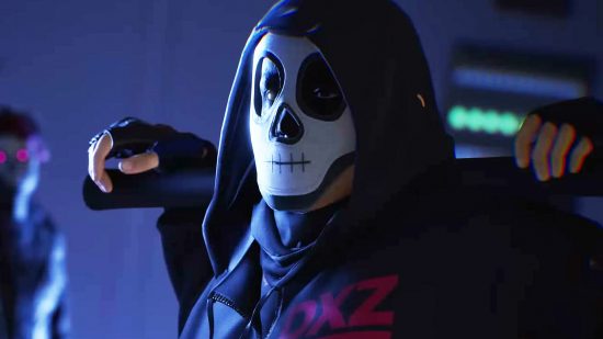 A person in a black hoodie and white skull mask with a baseball bat over their shoulder.