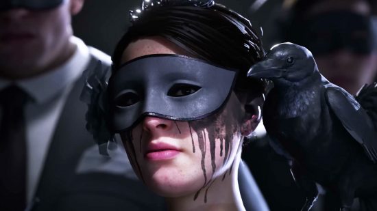 A woman wearing a black eye mask with a crow or raven on her shoulder, black make-up running out from under the mask.