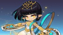 A chibi character with short black hair, pointed elf ears, wearing a white jumpsuit with golden trims and a gold crown on a celestial background