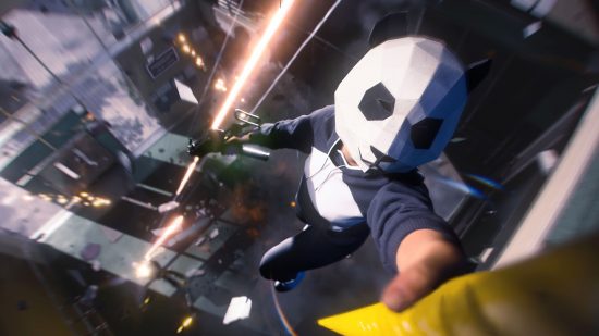 A character wearing a panda mask and flying up a zip line in The Finals.