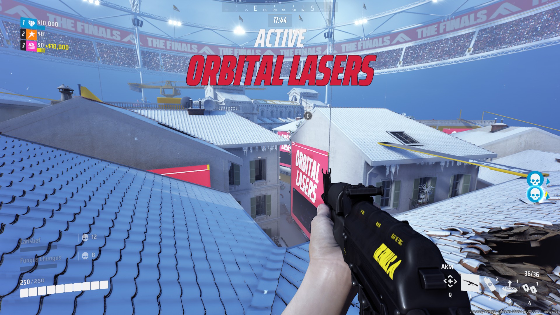 A pop up message in The Finals that reads "Oribital Lasers."