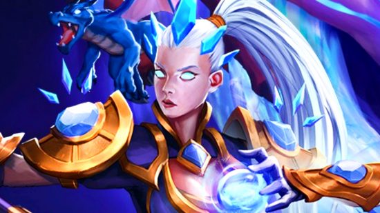 The Last Flame - A woman with white hair in a high ponytail, wearing blue and golden armor. A blue dragon flies behind her.
