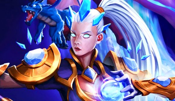 The Last Flame - A woman with white hair in a high ponytail, wearing blue and golden armor. A blue dragon flies behind her.