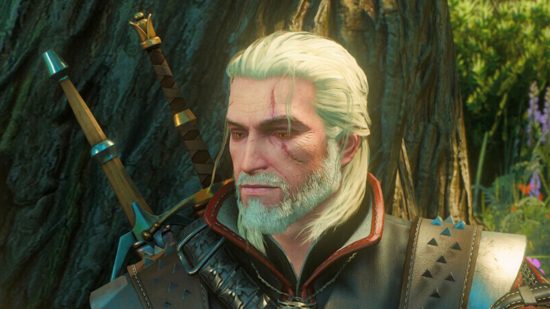 The Witcher 4 production: a white bearded and haired man wih a scar on his left eye, and two swords strapped to his back