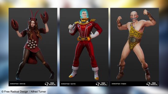 Three characters from TimeSplitters, a lobster woman, a spaceman and a strongman. 
