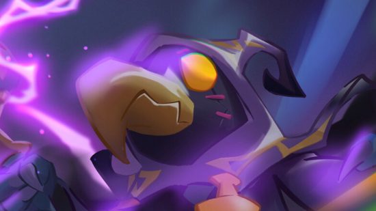 Trinity Survivors Steam: a crow in a purple hood with lightening around them