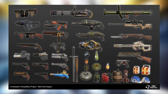 A collection of weapons, some modern, some sci-fi. 