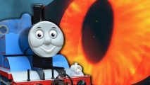 Thomas the Tank Engine, with a monster from Underspace behind him