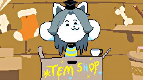 Undertale Blue fan game: a pixel art image of a white cartoon cat running the 'Tem Shop'