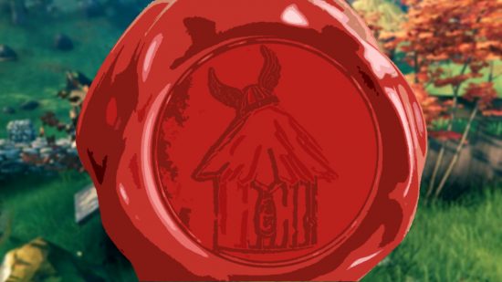 A red seal with a small hut imprinted on it, the logo for one of the best Valheim servers, The Bees Decree.