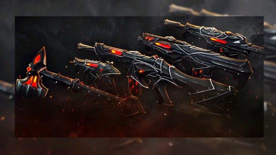 The Emberclad bundle of Valorant skins, dark black weapons with burning red details.