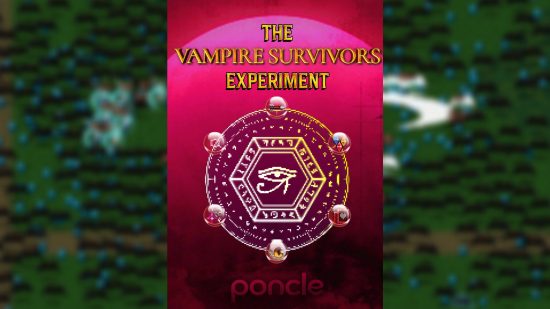 The Vampire Survivors Experiment - A graphic featuring six icons in bubbles around a hexagon, with the Eye of Horus in the center.