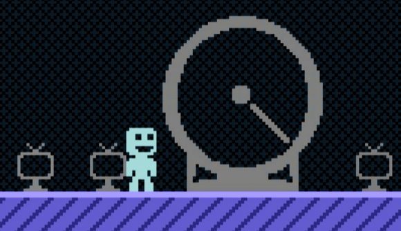 VVVVVV is now Steam Deck Verified, thanks to update 2.4 - A blue man stands next to a giant clock.