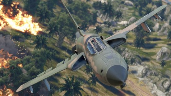 A fighter plane making a bombing run on a jungle setting