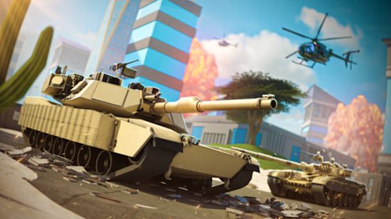 War Tycoon codes: A tank is rolling through a city that's exploding due to missiles hitting a building.