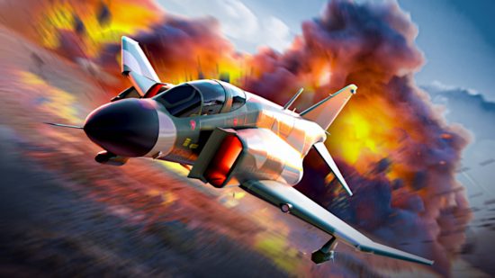War Tycoon codes: a F-4 jet plane is flying away from a massive explosion.