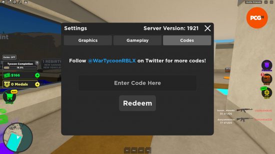 The code redemption screen for War Tycoon codes.