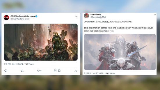 Bilder von zwei Tweets, die Warhammr 40K-Kunst zeigen, die in Call of Duty gefunden wurde. 