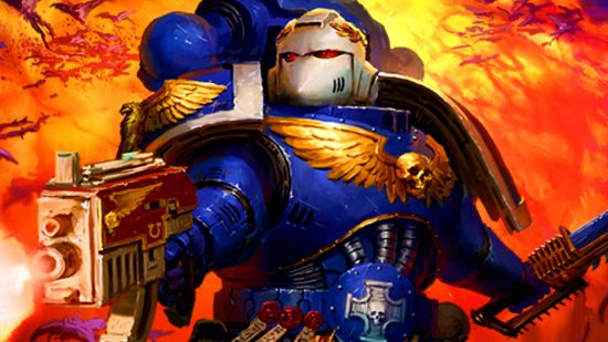 Warhammer 40k Boltgun - A Space Marine in blue armor holding a chainsword and boltgun.