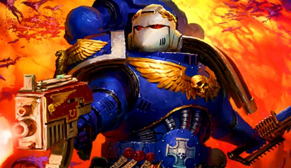 Warhammer 40k Boltgun - A Space Marine in blue armor holding a chainsword and boltgun.