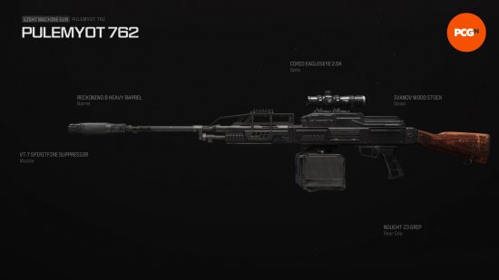 Best Warzone Pulemyot 762 loadout: a large light machine gun with a bag full of bullets.